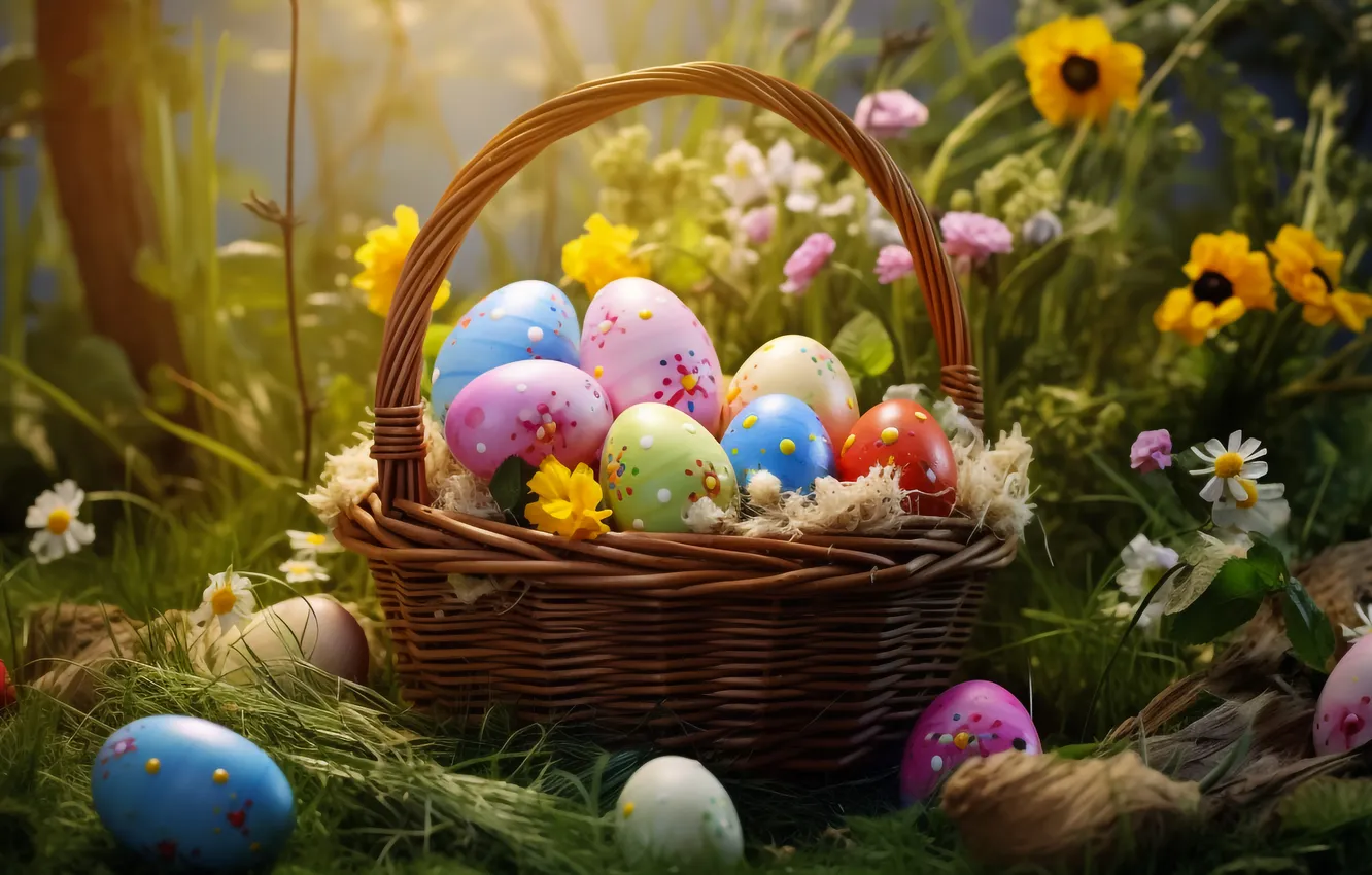 Photo wallpaper flowers, eggs, spring, colorful, Easter, flowers, spring, Easter