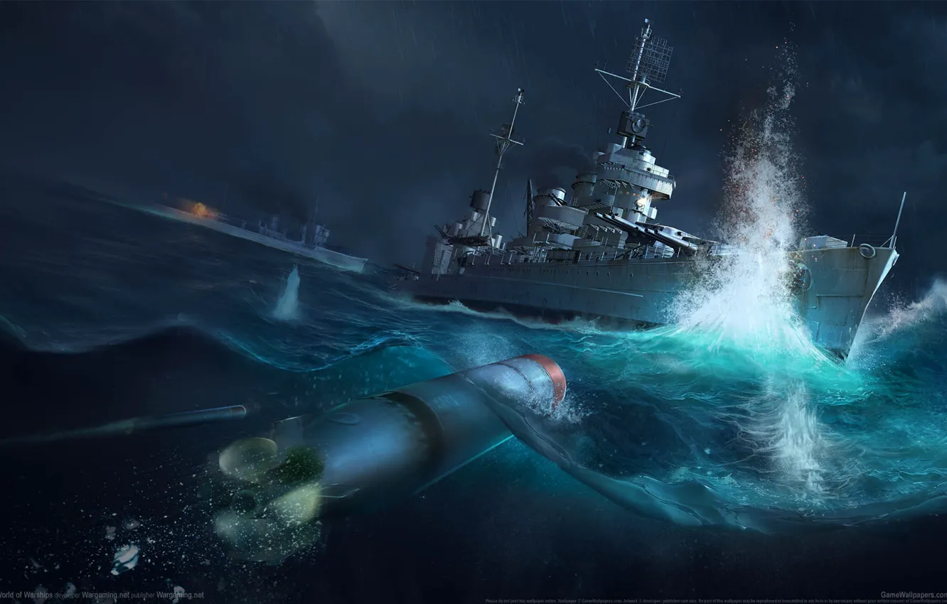 Photo wallpaper sea, the explosion, torpedo, destroyer, World of Warships, Battle of Tassafaronga, World of warships, The …
