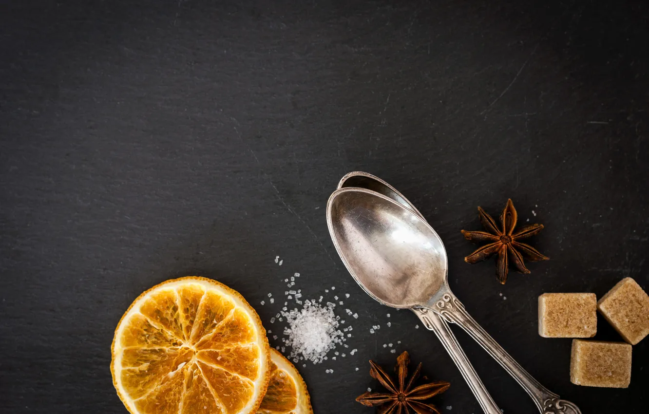 Photo wallpaper orange, sugar, spoon, star anise