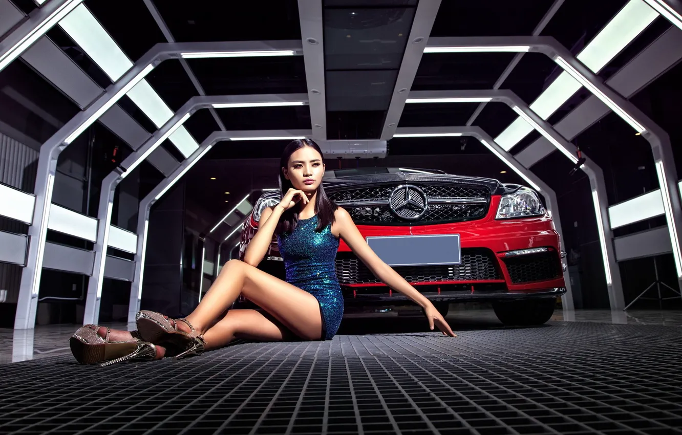 Photo wallpaper look, girl, Mercedes, Asian, beautiful girl, red car, sitting on the machine