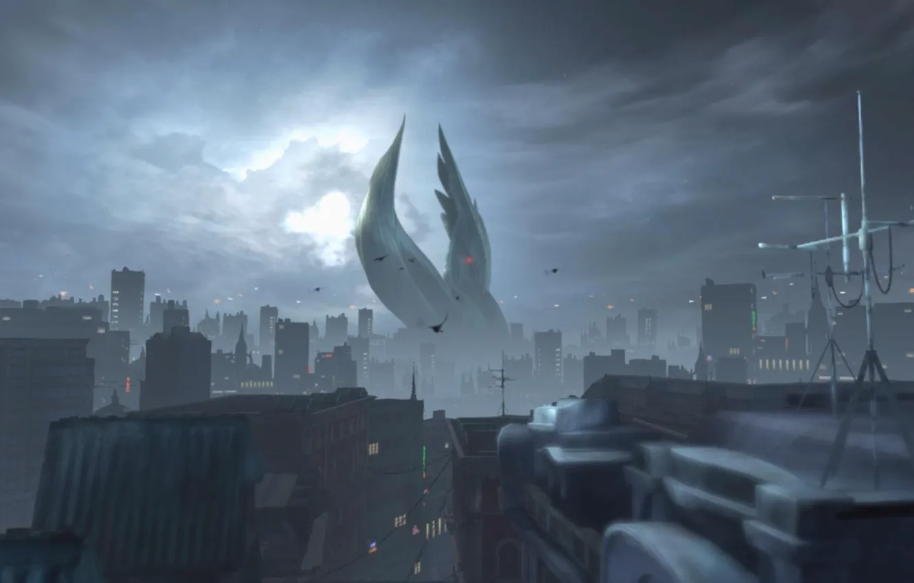 Photo wallpaper the sun, clouds, the city, bird, home, DMC, Devil May Cry