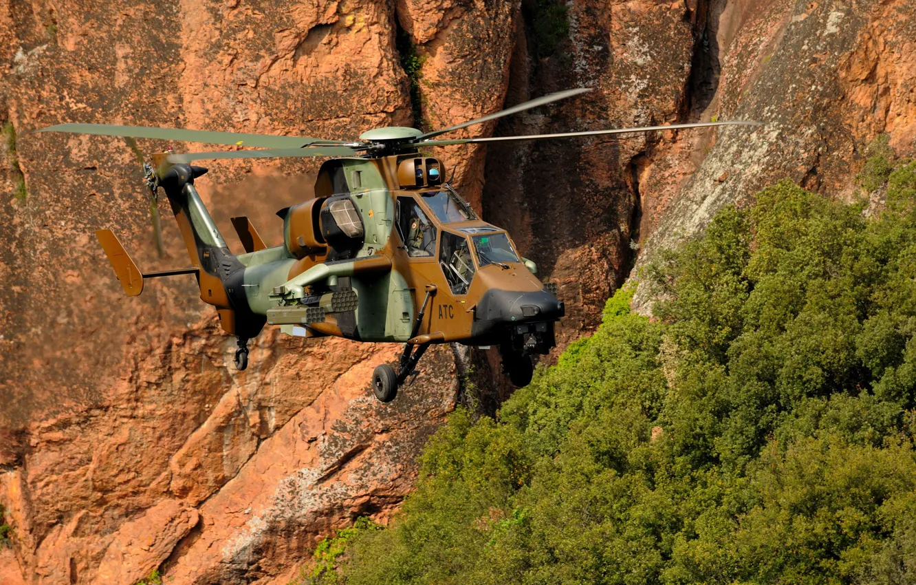 Photo wallpaper trees, flight, mountains, helicopter, tiger, Eurocopter, shock, EC 665