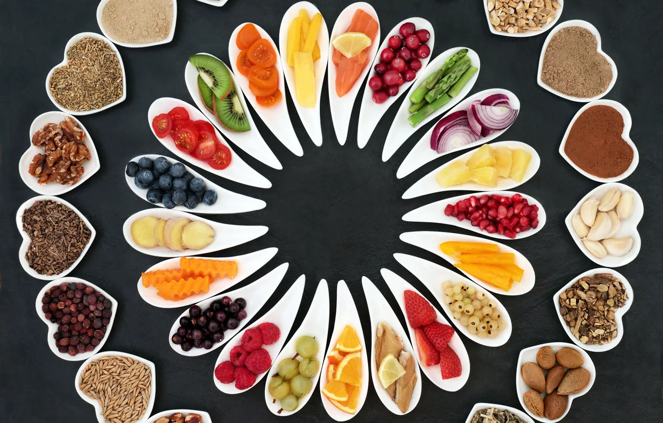 Photo wallpaper raspberry, orange, kiwi, blueberries, strawberry, fruit, nuts, vegetables