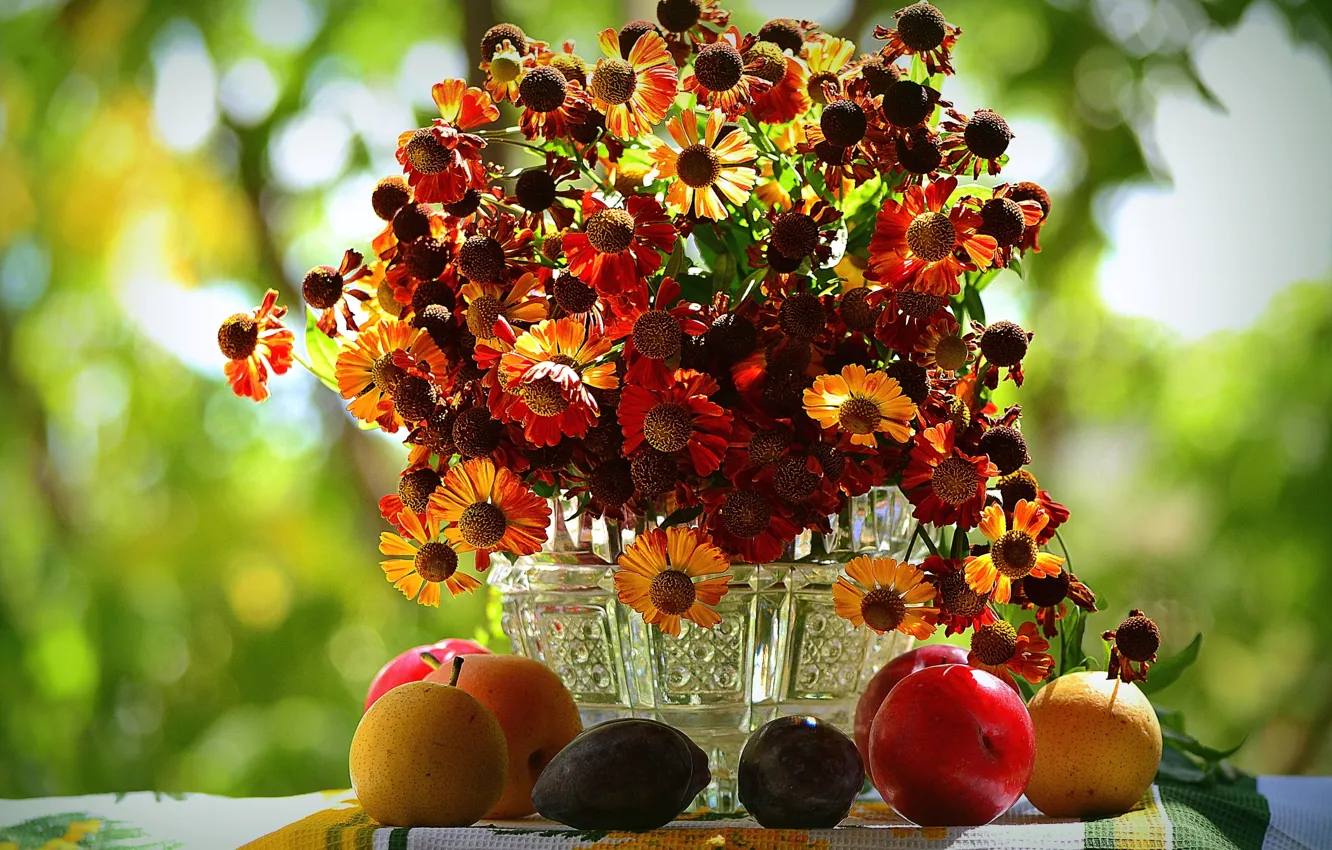 Photo wallpaper autumn, bouquet, fruit, gelenium