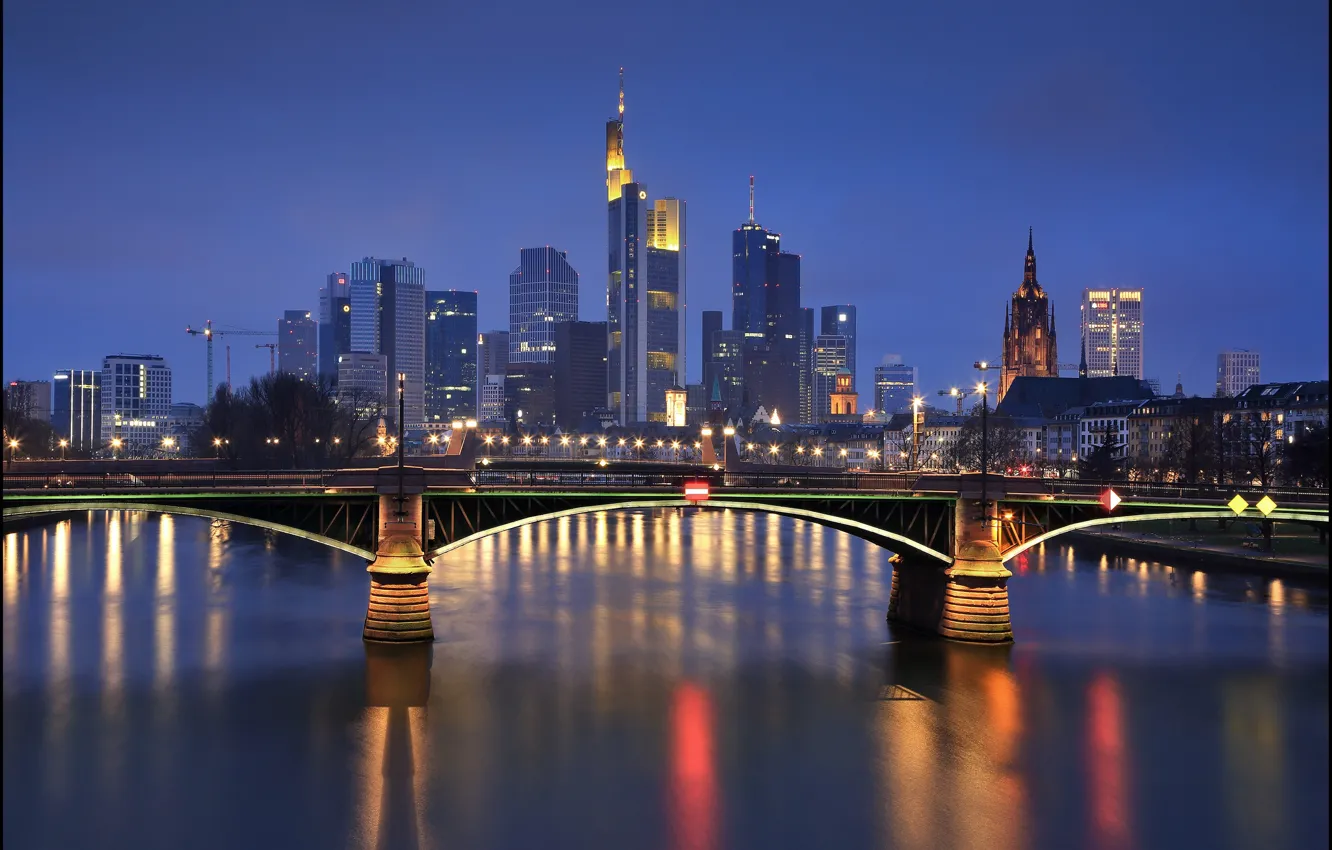 Photo wallpaper night, bridge, lights, Germany, Frankfurt, Frankfurt am main, Frankfurt