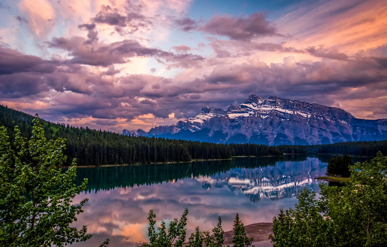 Photo wallpaper sunset, lake, reflection, mountain, Canada, Bnaf