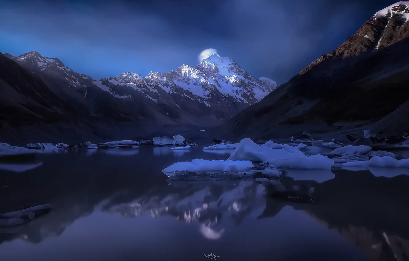 Photo wallpaper ice, winter, mountains, lake, rocks