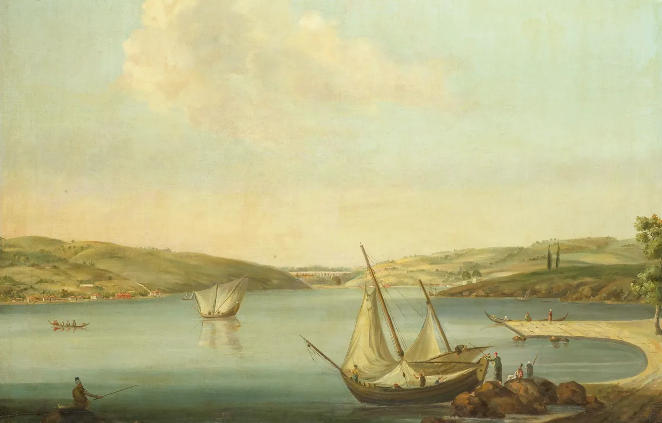 Photo wallpaper landscape, boat, oil, picture, sail, canvas, Jan Van der Steen, The view of the Bosphorus
