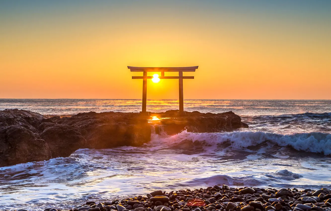 Photo wallpaper on the ocean, Japan, sunset, torii gate
