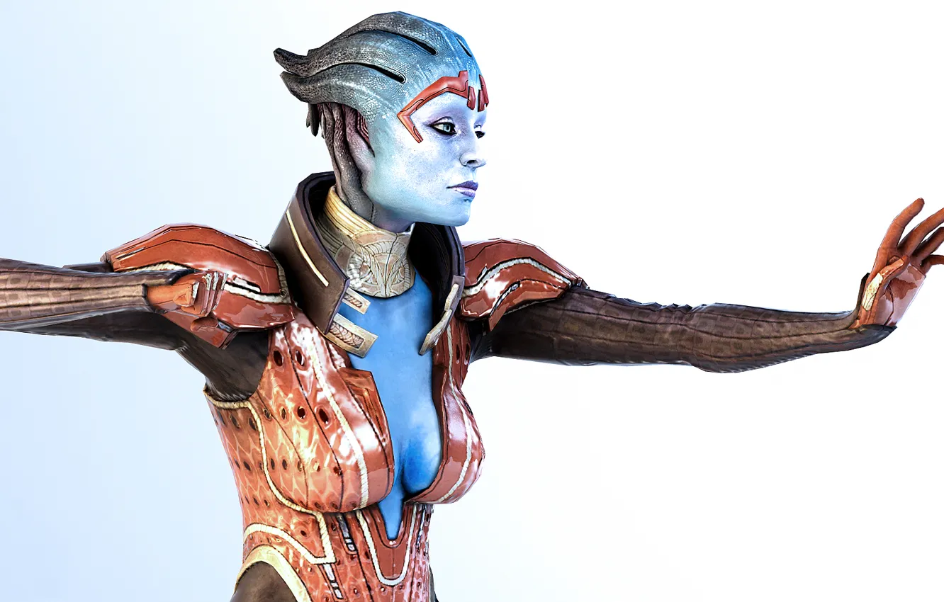 Photo wallpaper costume, mass effect, stand, simple background, Samara