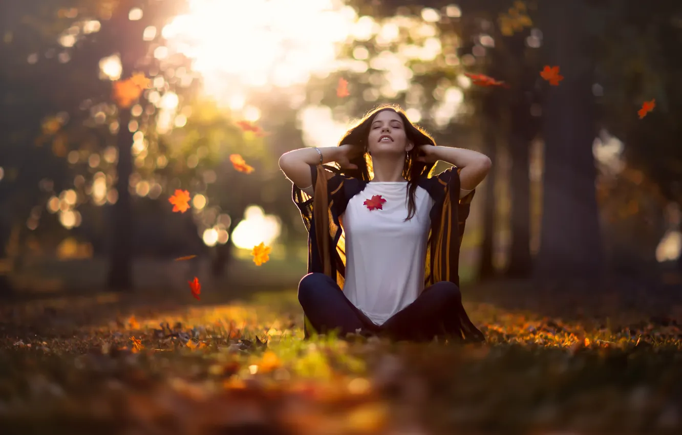 Photo wallpaper autumn, girl, falling leaves, Mid Autumn Morning