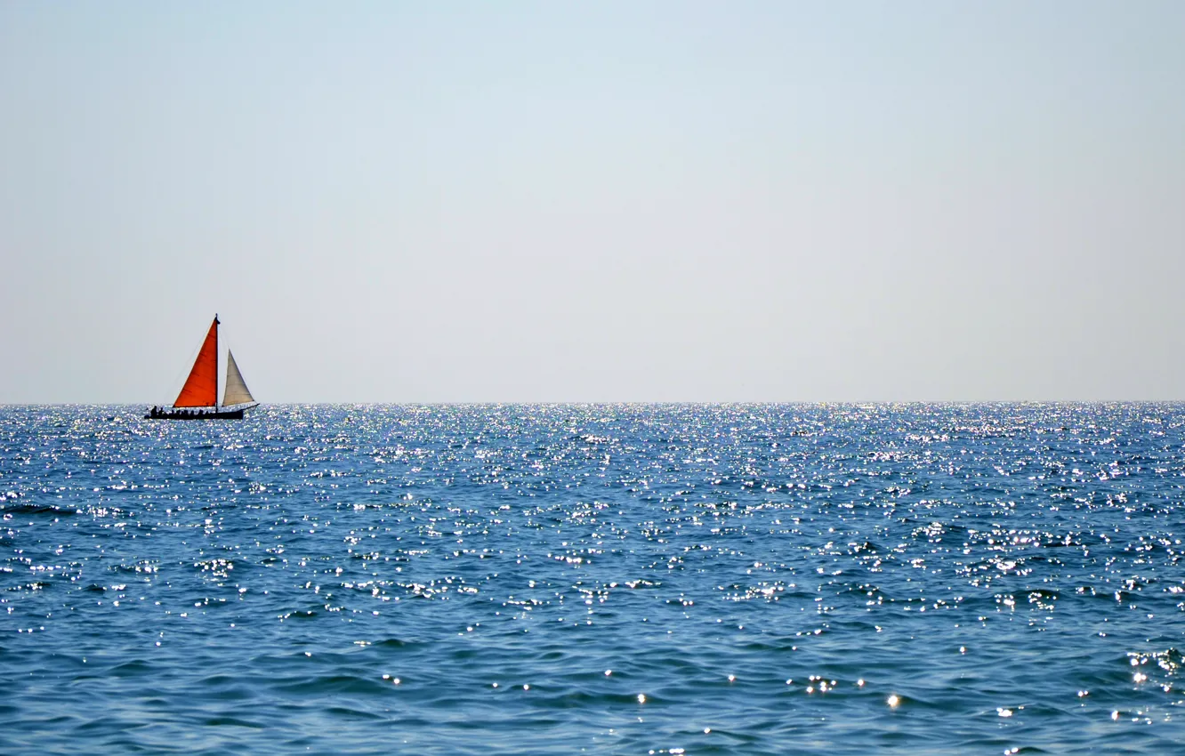 Photo wallpaper the ocean, boat, horizon, sails, reflections, Red sail boat floating in ocean