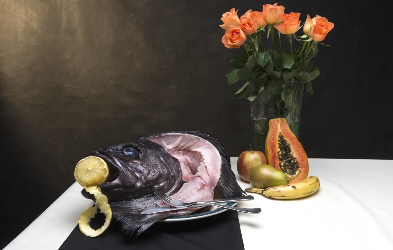 Photo wallpaper lemon, roses, bouquet, fish, fruit, still life