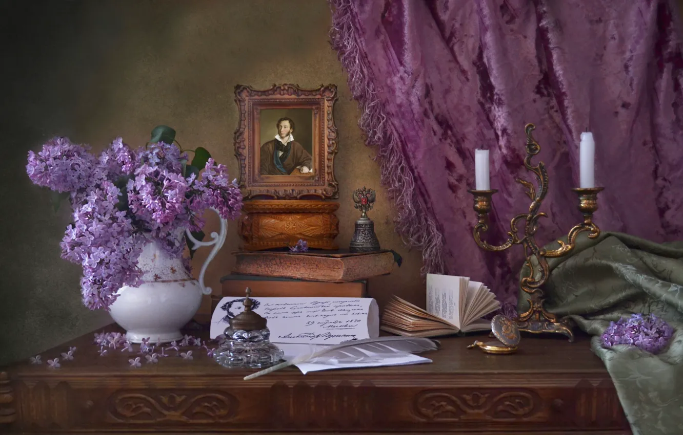 Photo wallpaper pen, books, portrait, candles, still life, blind, bell, lilac