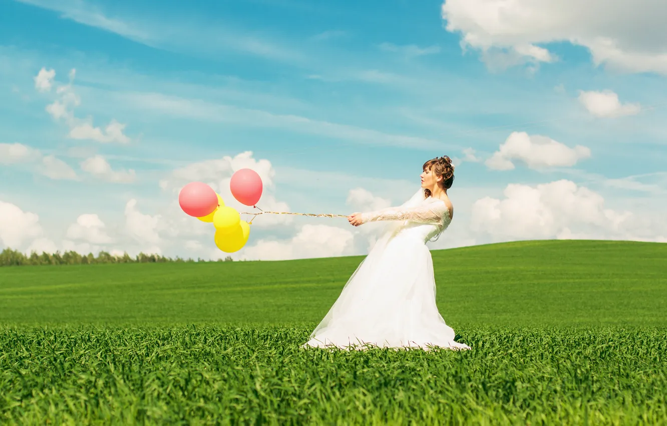 Photo wallpaper field, the sky, clouds, balls, holiday, dress, air, the bride