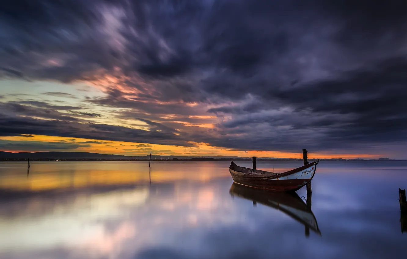 Photo wallpaper night, lake, boat