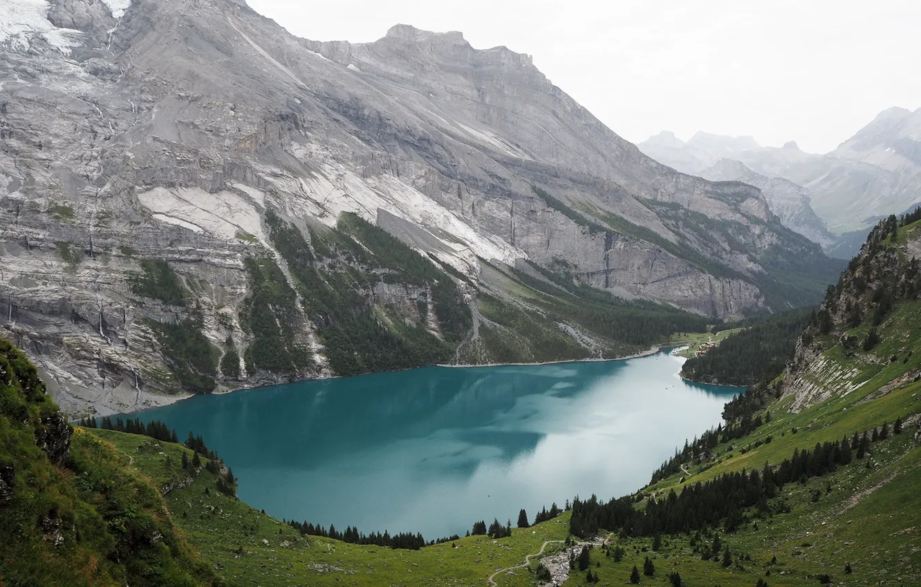 Photo wallpaper trees, mountains, Switzerland, pond, Lake Oeschinensee