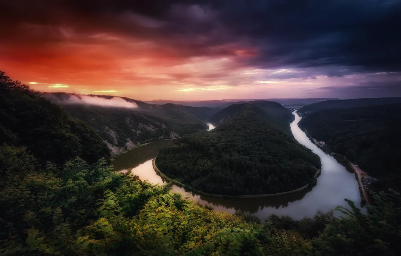 Photo wallpaper forest, clouds, trees, sunset, clouds, river, the evening, Germany