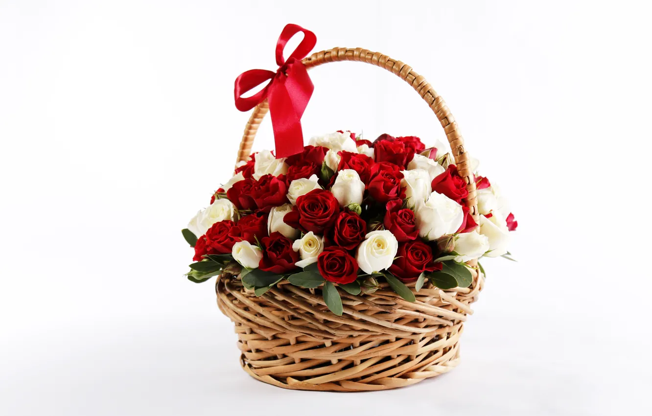 Photo wallpaper basket, roses, red, bow, Rose, beautiful, bow, lovely