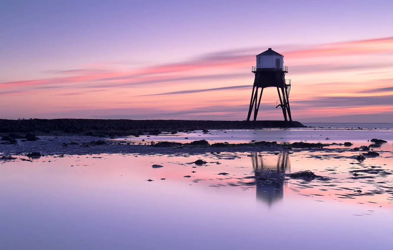 Photo wallpaper sea, the sky, dawn, shore, lighthouse, England, UK, lilac