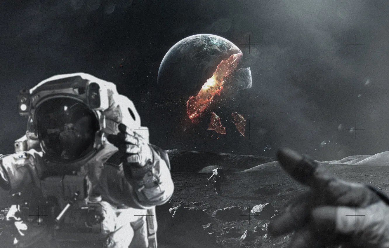 Photo wallpaper earth, the moon, people, satellite, astronaut, the suit, destruction, split