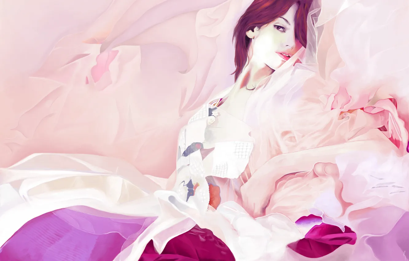 Photo wallpaper look, girl, face, dress, art, fabric, painting