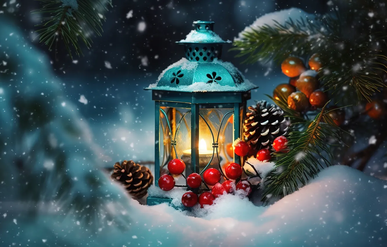 Photo wallpaper winter, snow, decoration, New Year, Christmas, lantern, light, new year
