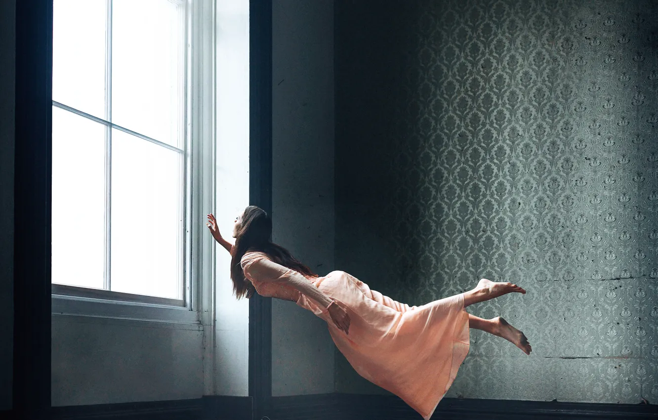 Photo wallpaper girl, room, levitation, Bird Man