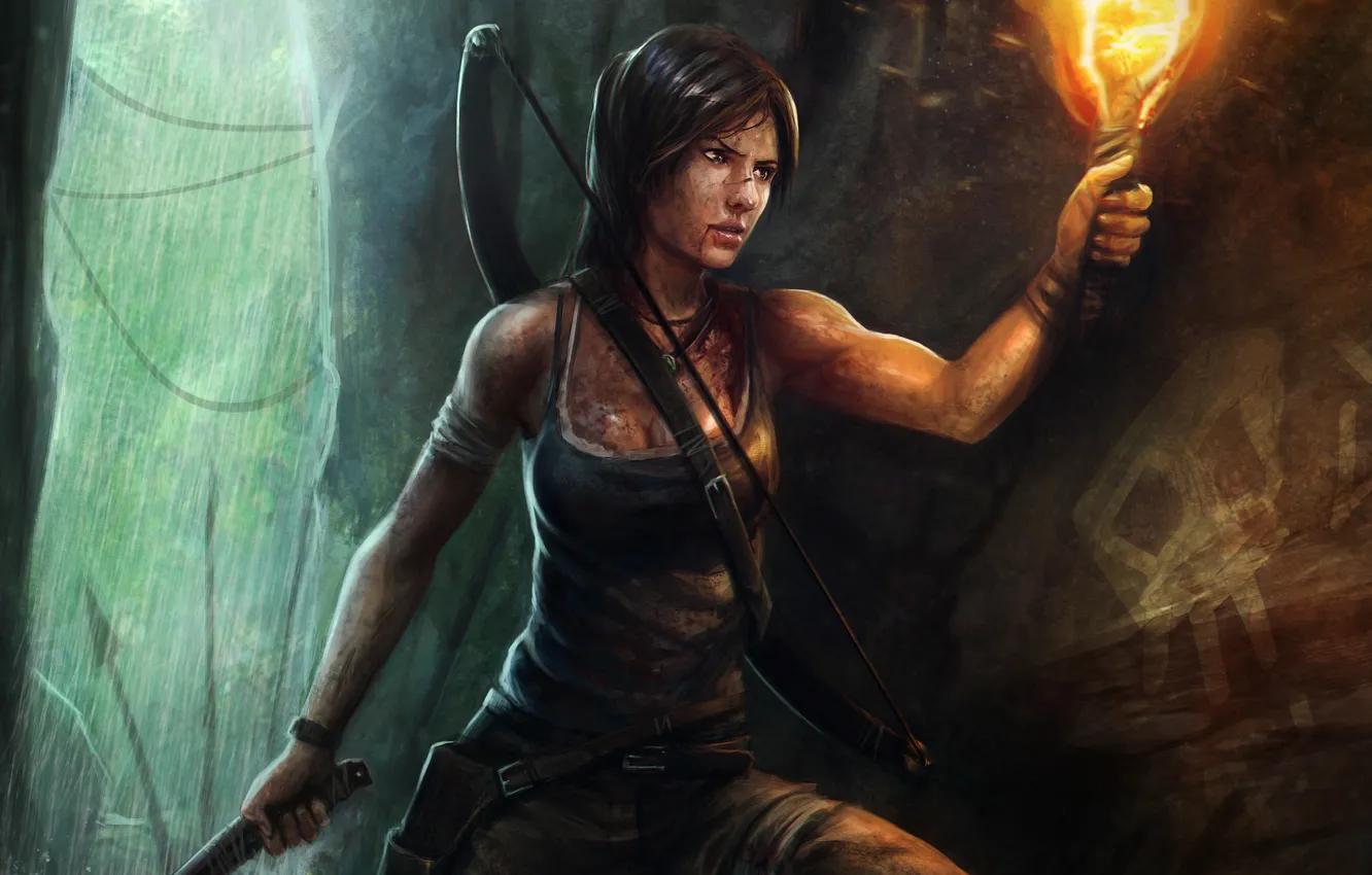 Photo wallpaper water, girl, squirt, bow, art, torch, cave, Lara Croft