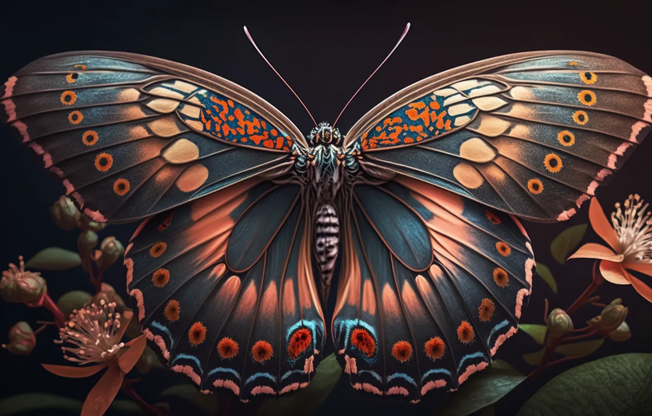 Photo wallpaper flowers, the dark background, pattern, butterfly, wings, digital art, AI art, The Art of Artificial …