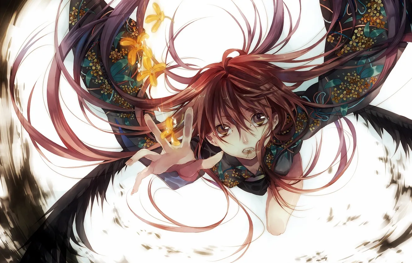 Photo wallpaper girl, flowers, wings, anime, art, kimono, tsukioka tsukihi