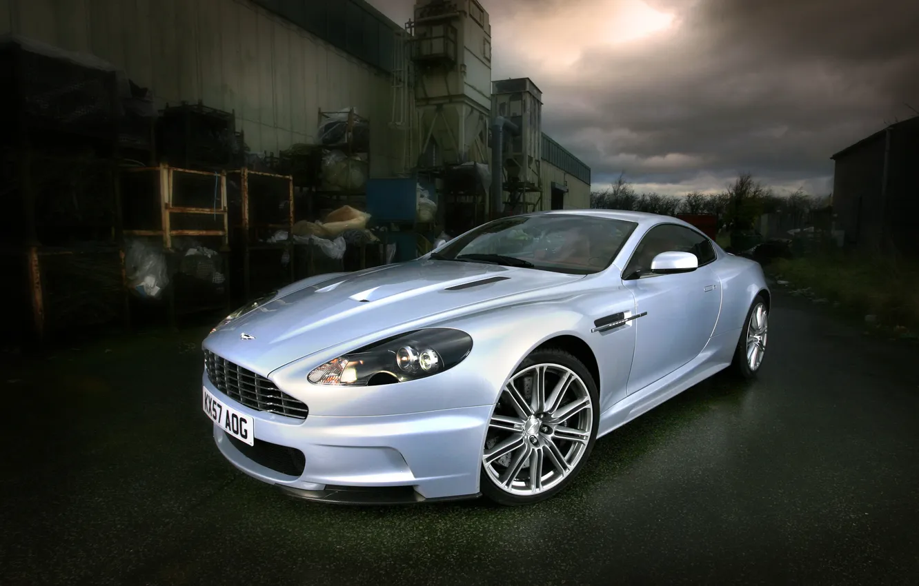 Photo wallpaper the sky, trees, clouds, Aston Martin, building, DBS, silver, front view