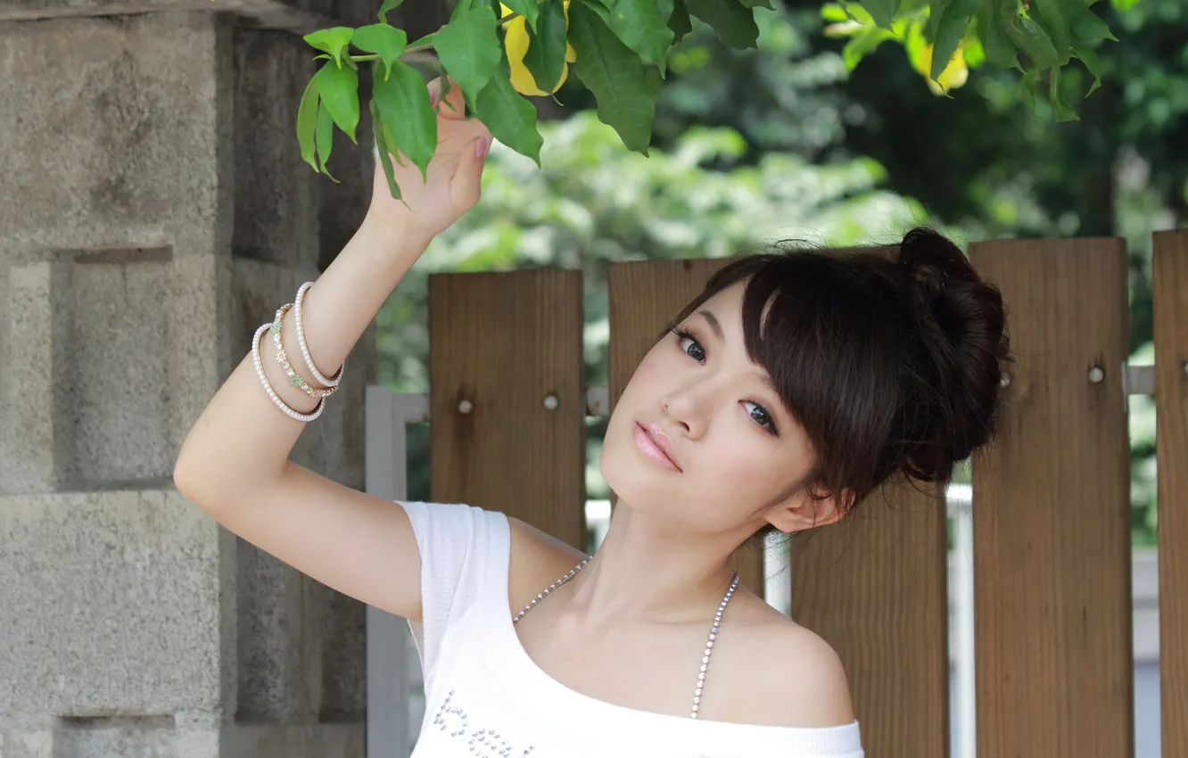 Photo wallpaper leaves, girl, branches, Board, the door, Asian