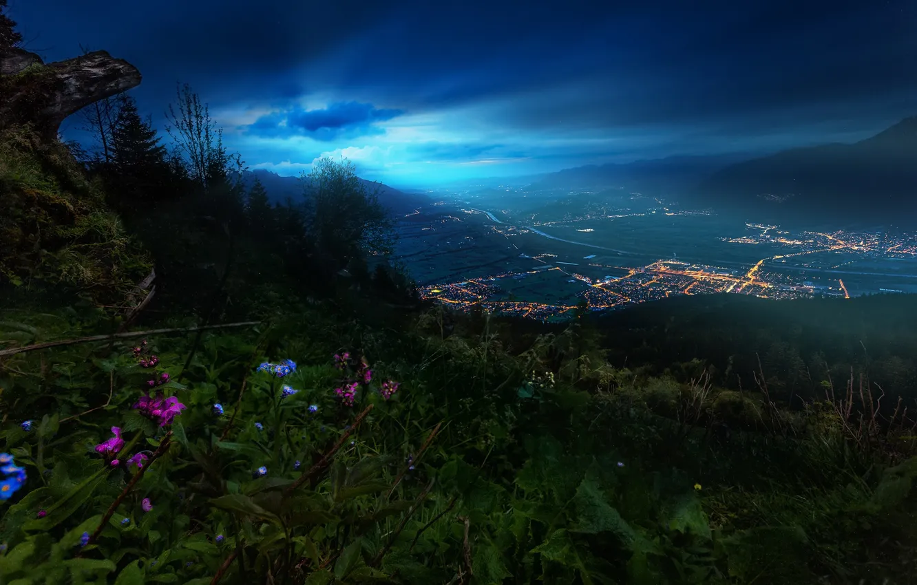 Photo wallpaper the sky, flowers, clouds, the city, Mountains