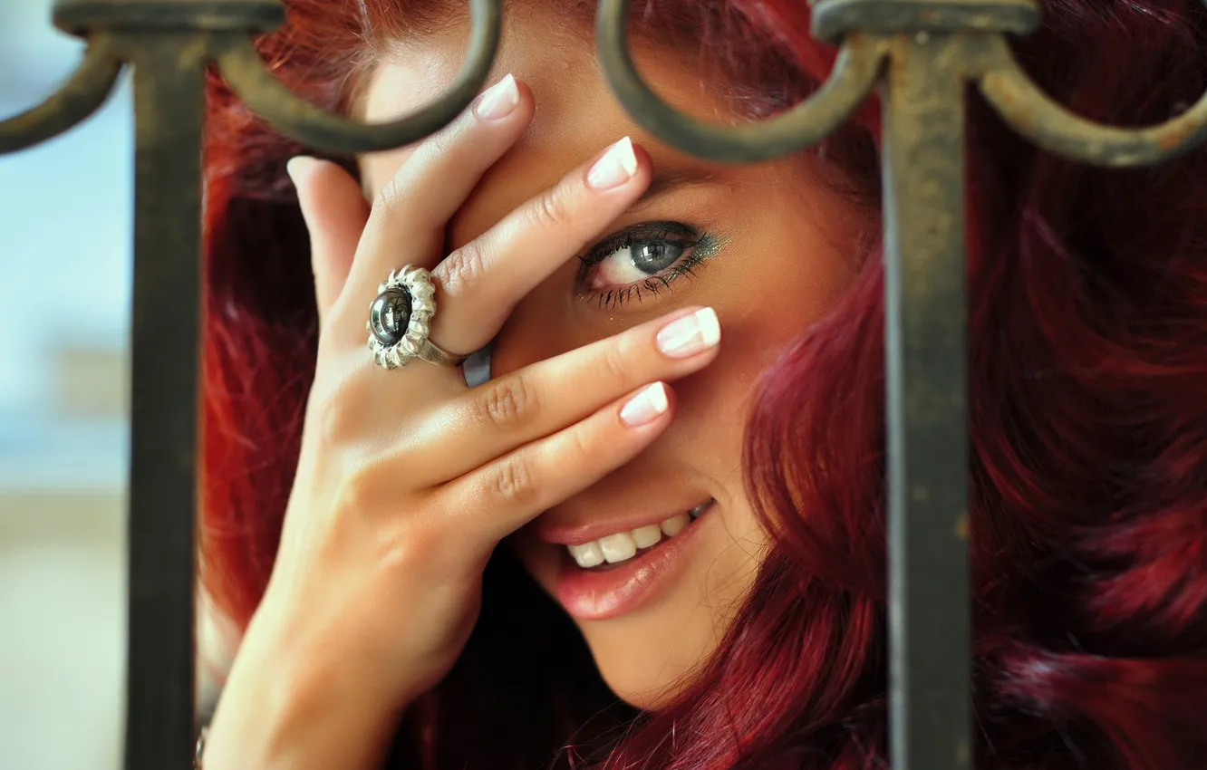 Photo wallpaper eyes, look, girl, smile, sweetheart, ring, red, plays