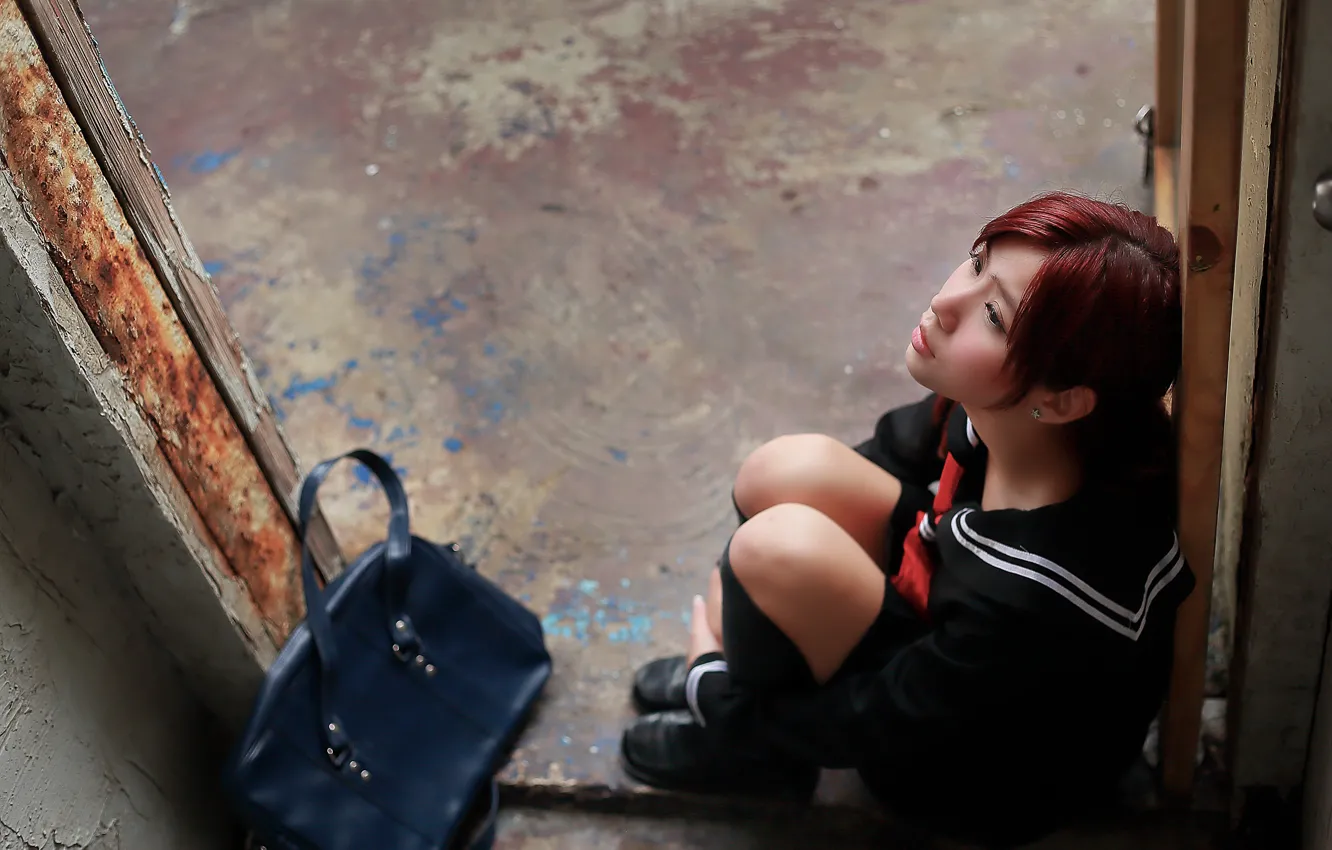 Photo wallpaper girl, face, sadness, bag, Asian, sitting
