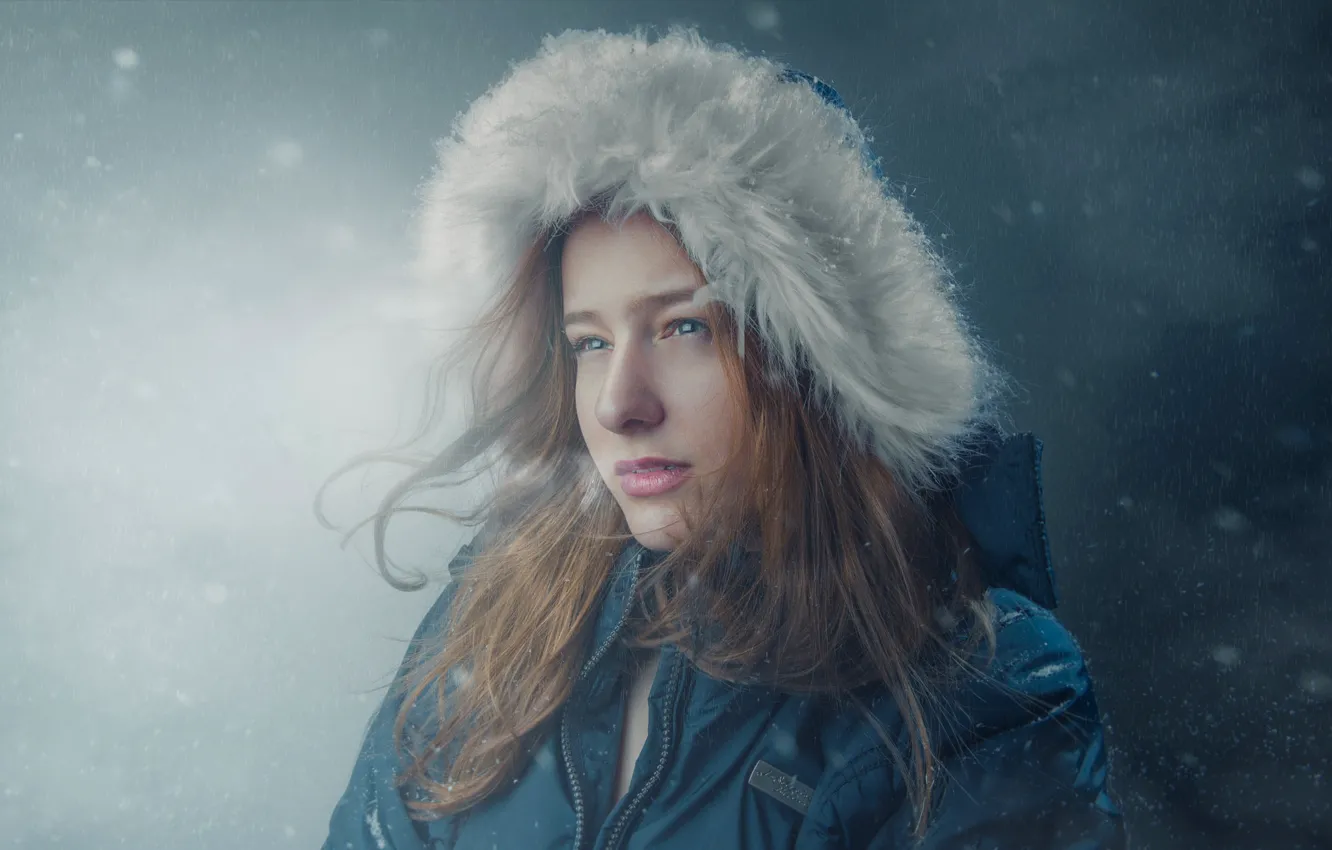 Photo wallpaper winter, girl, snow, jacket, hood, fur