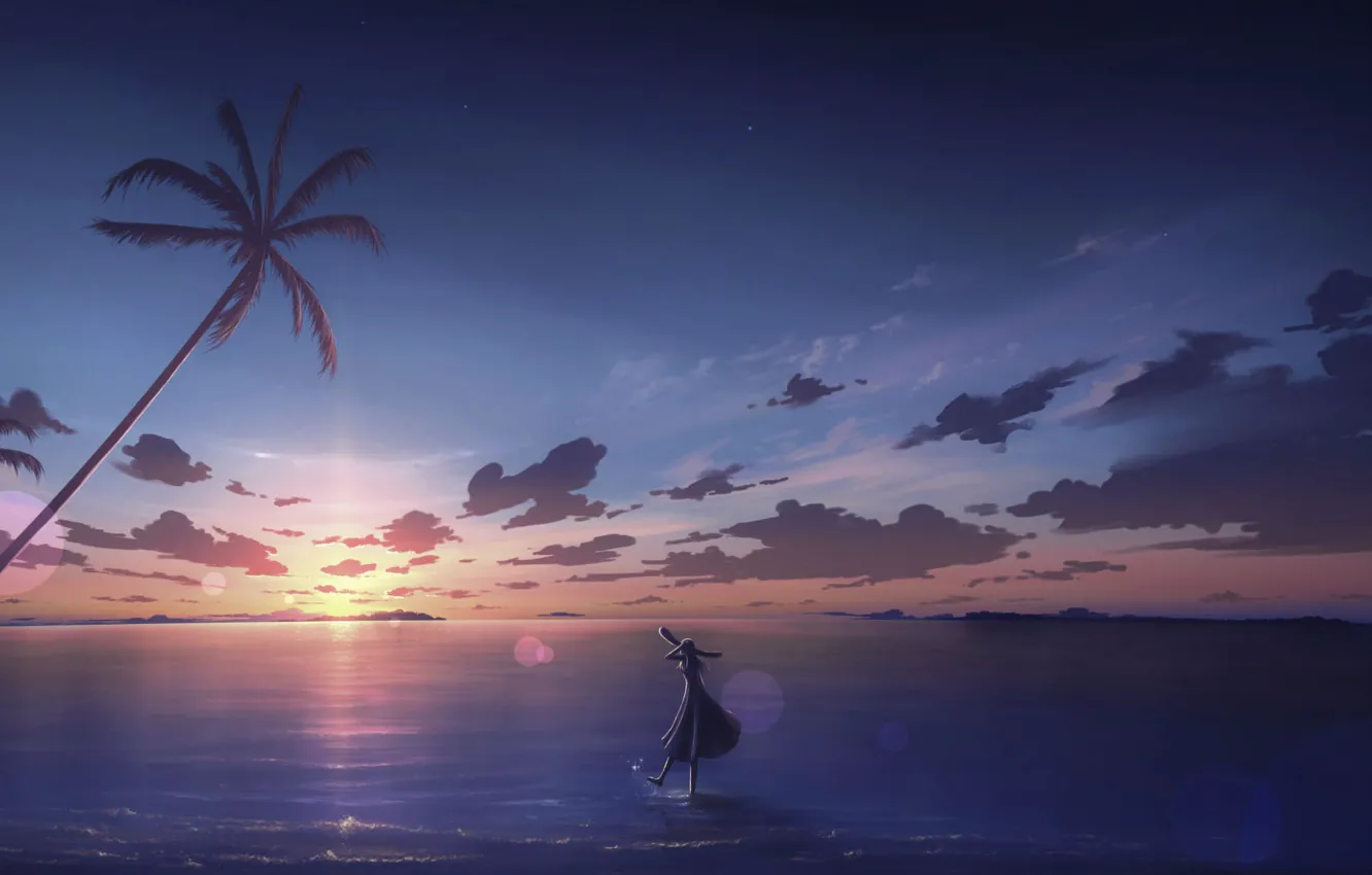 Photo wallpaper sea, the sky, girl, sunset, palm trees