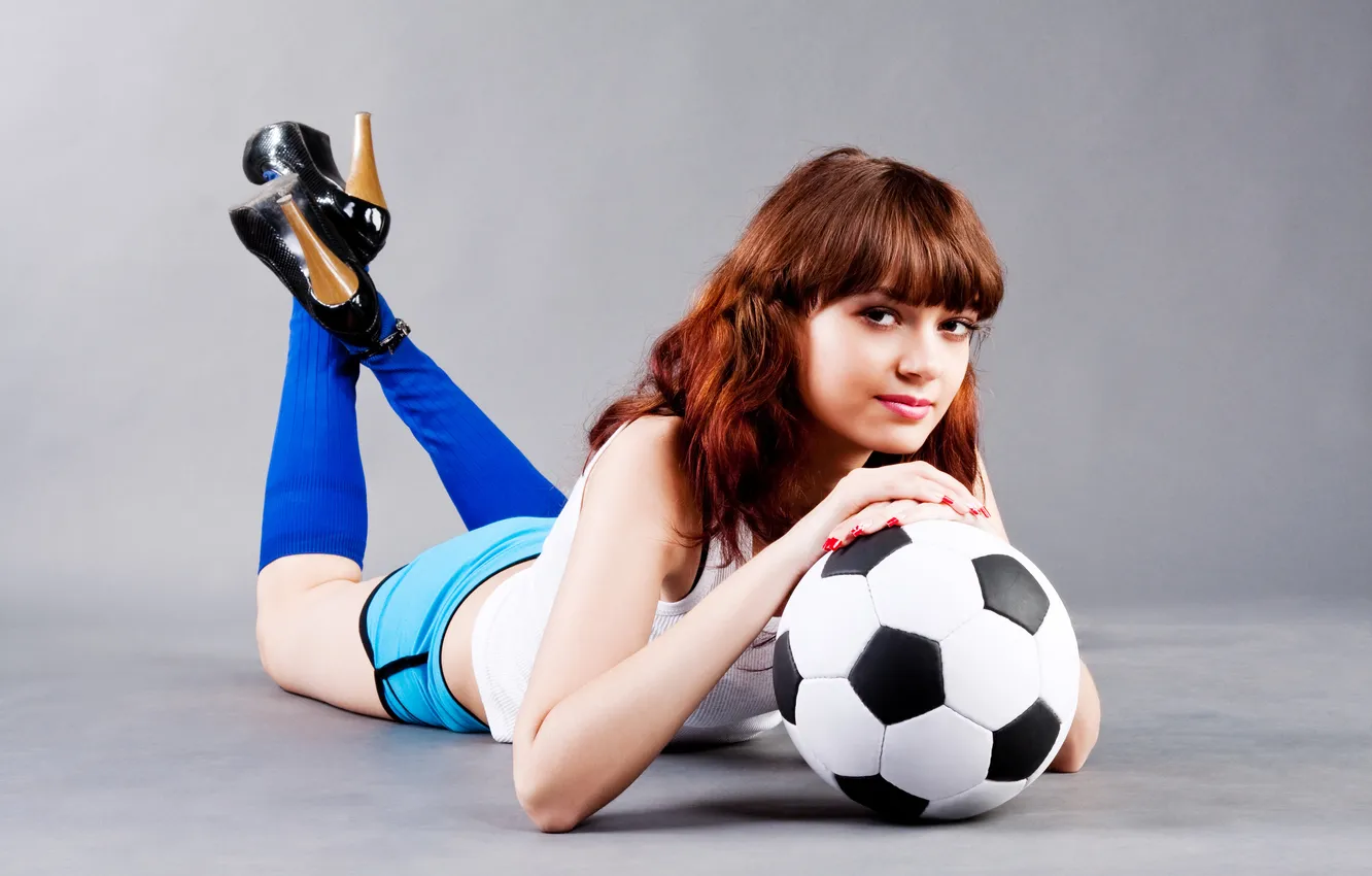 Photo wallpaper girl, long hair, grey, football, lovely, Lady, Glamour, looking at camera