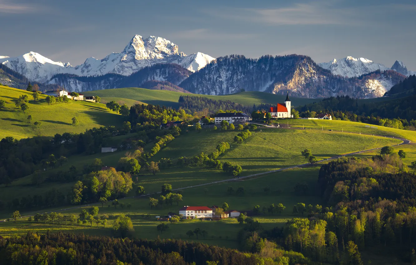 Photo wallpaper greens, field, forest, the sky, clouds, light, snow, trees