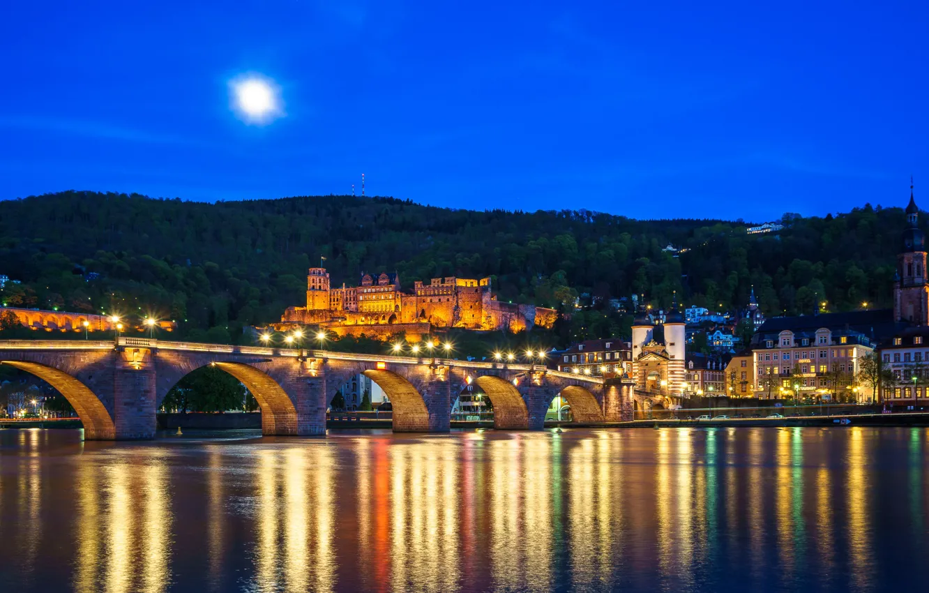 Photo wallpaper city, lights, bridge, Germany, night, castle, reflection, blue hour