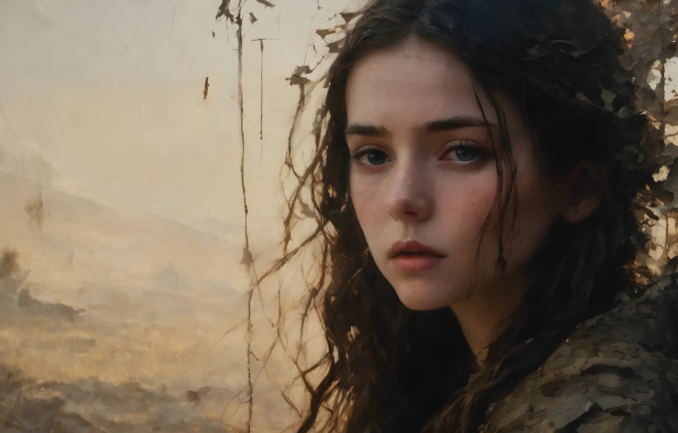 Photo wallpaper sadness, look, girl, nature, fog, hills, portrait, haze