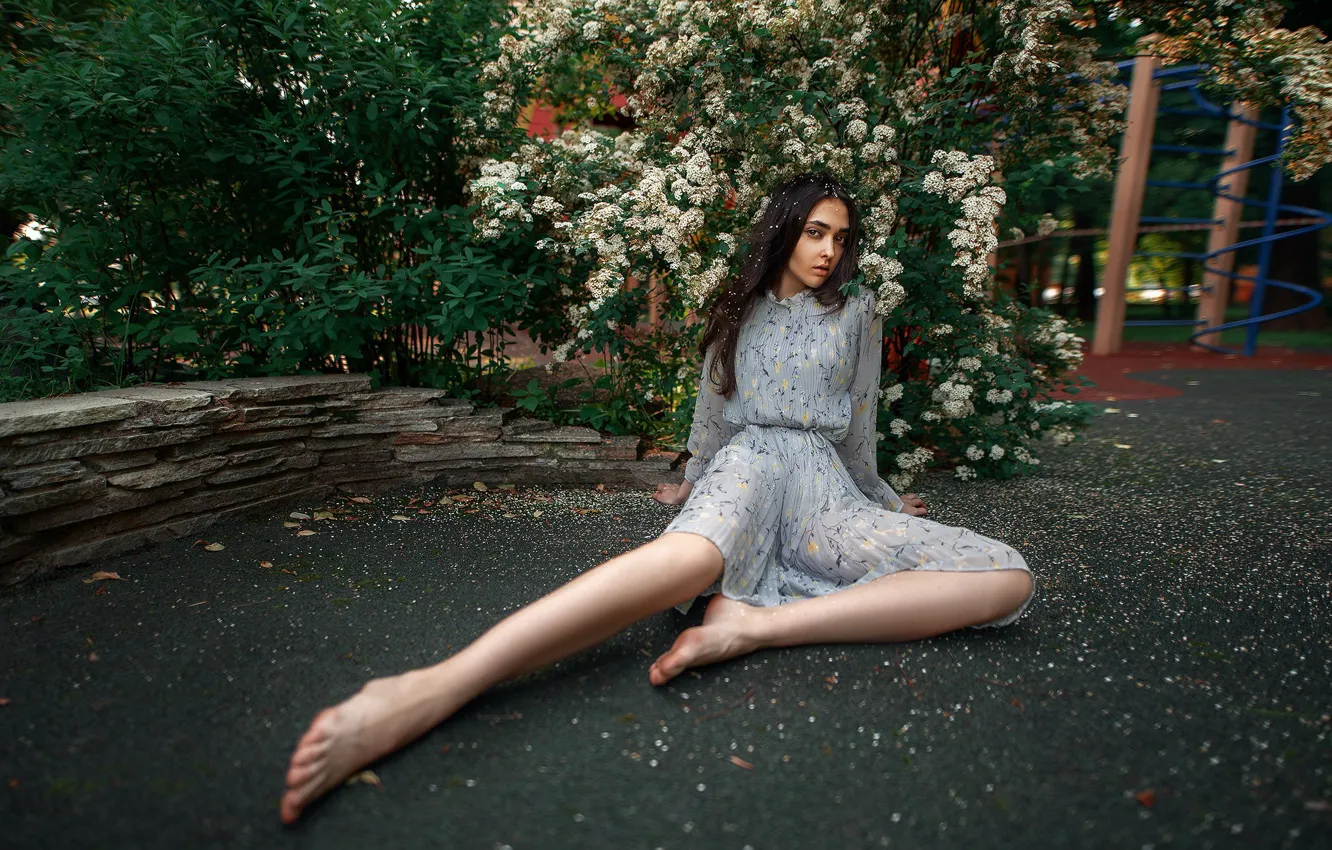 Photo wallpaper flowering tree, beautiful girl, blue dress, model posing, Maxim Gontarev