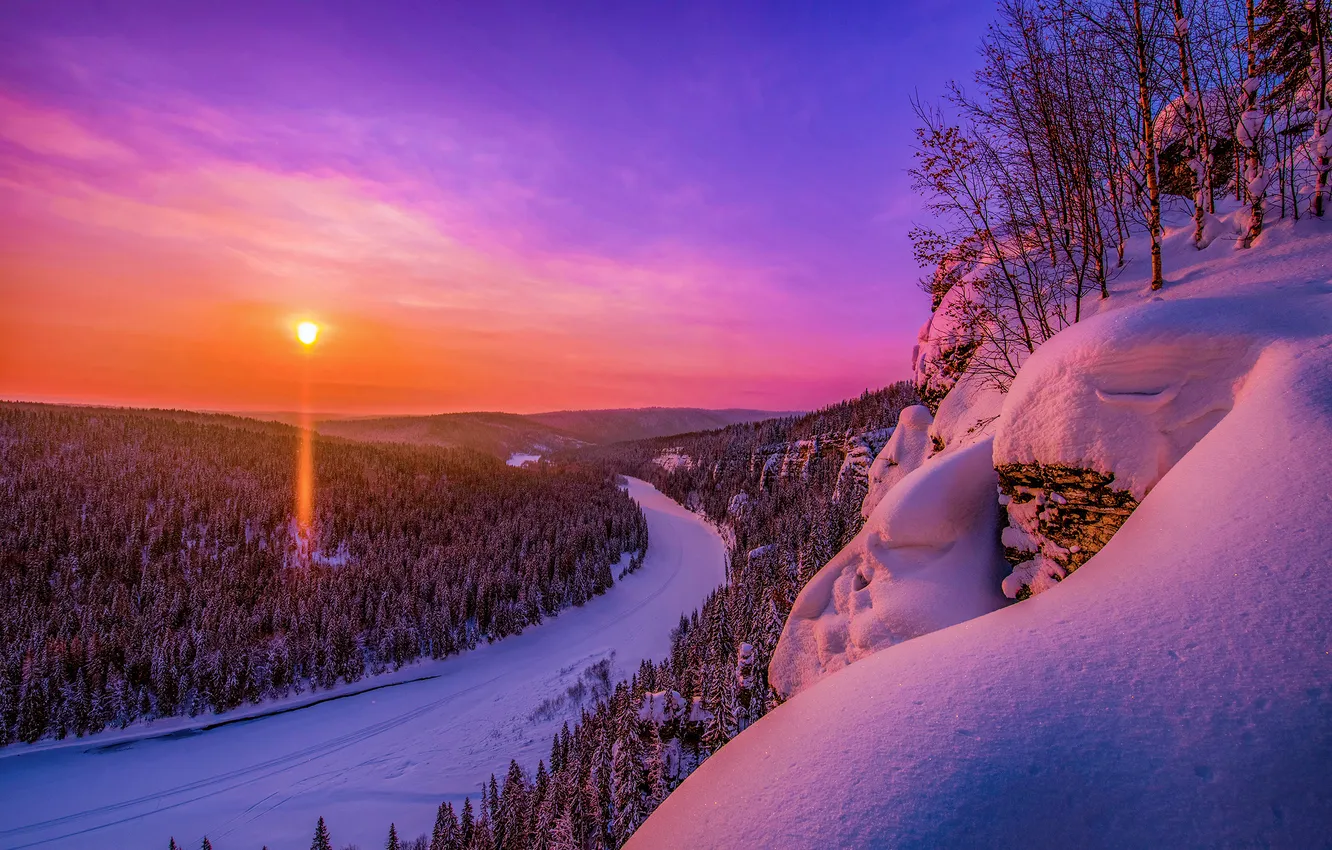 Photo wallpaper winter, forest, snow, sunset, rocks, the snow, Russia, Ural