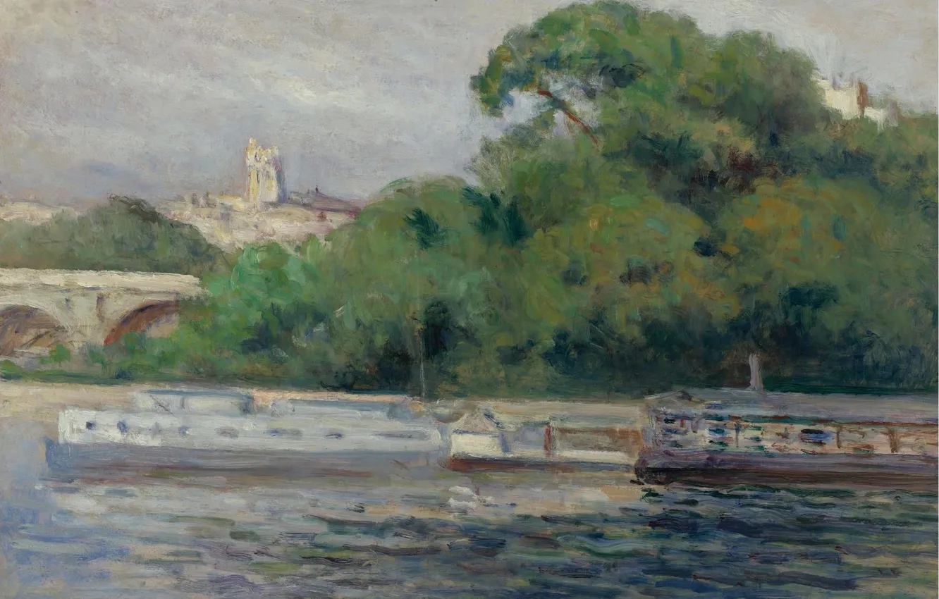 Photo wallpaper landscape, picture, Maximilien Luce, Maximilien Luce, Boats in front of Trees and Bridge