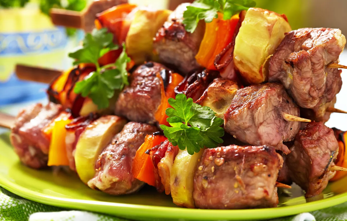 Photo wallpaper meat, vegetables, kebab, skewers, meat, vegetables