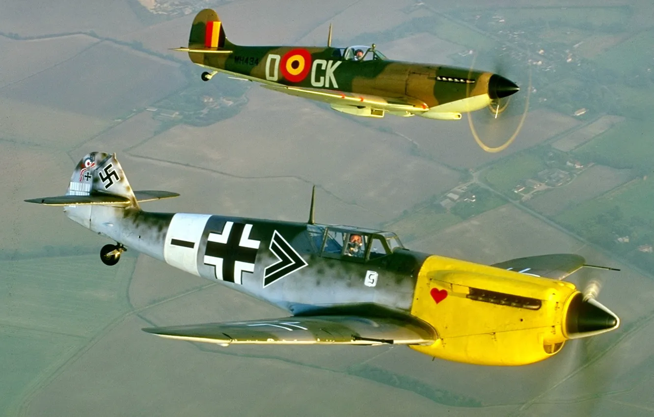 Photo wallpaper flight, pair, Spitfire, messershmitt Bf-109