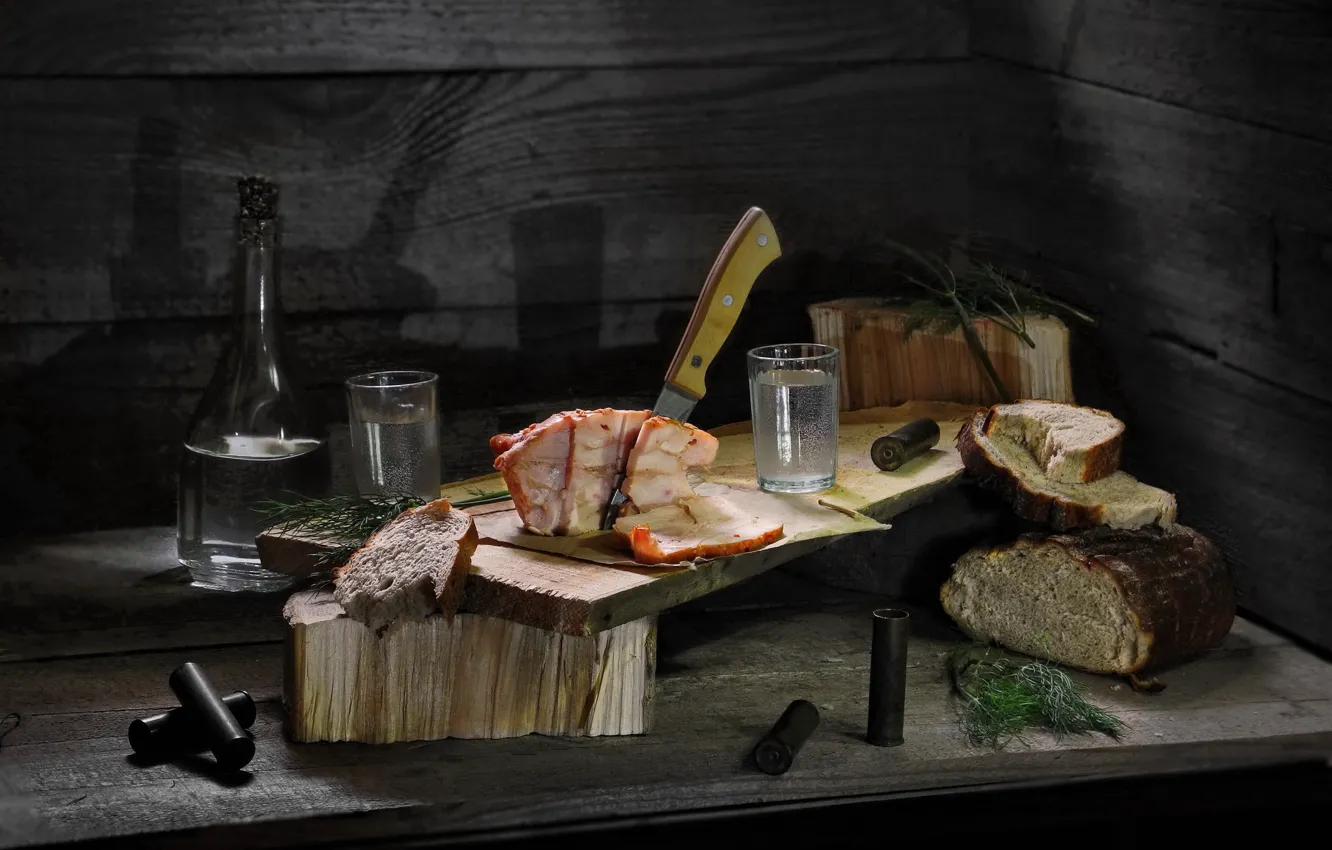 Photo wallpaper dill, bread, meat, still life, vodka