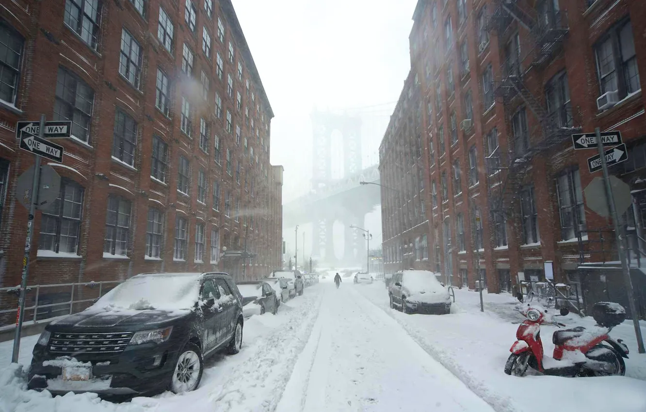 Photo wallpaper snow, machine, street, New York, snow storm
