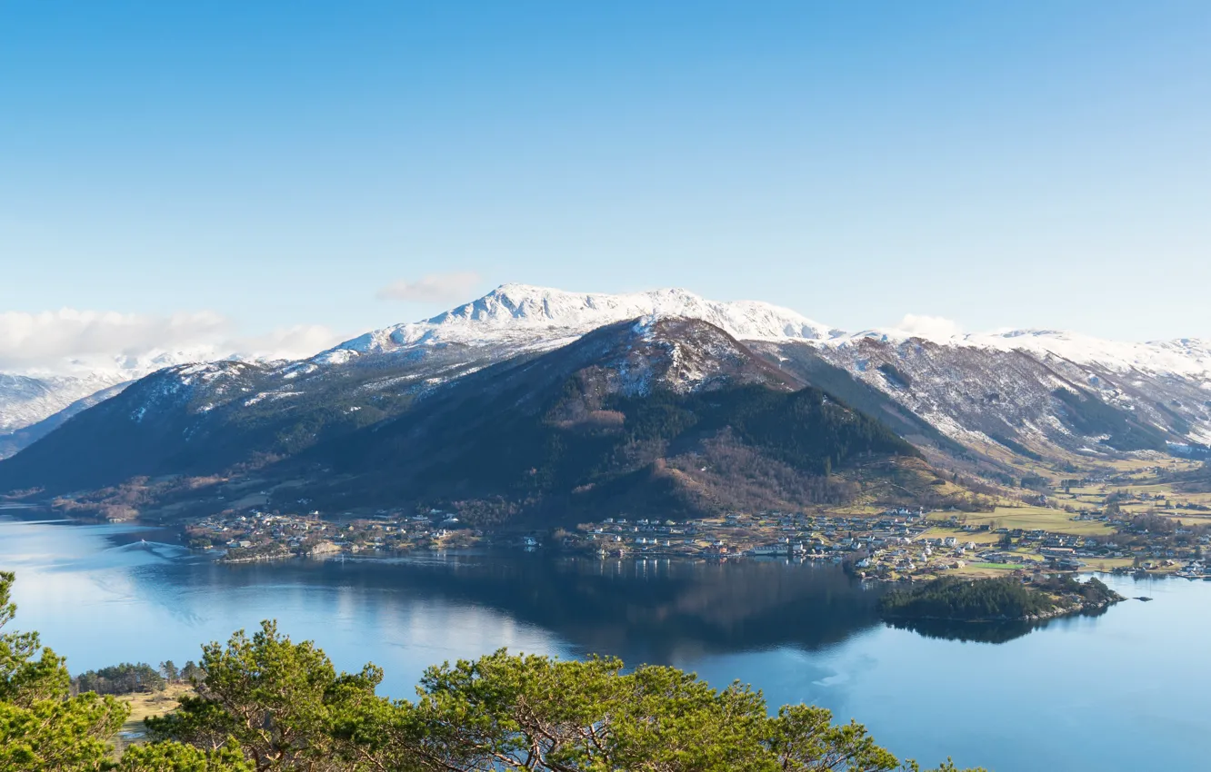 Photo wallpaper trees, mountains, shore, home, Norway, panorama, Bay, Uskedal